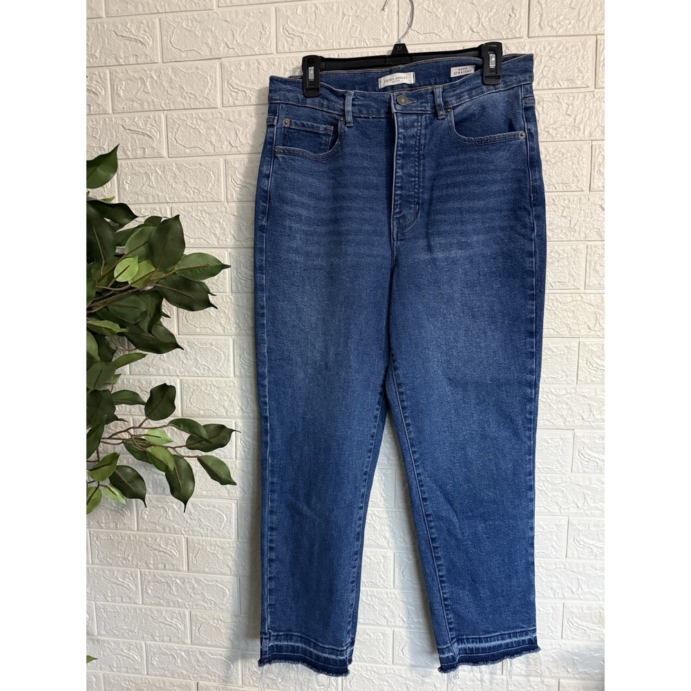Laura Ashley Bond Straight High Waist Jeans Blue Raw Hem Size 10/30